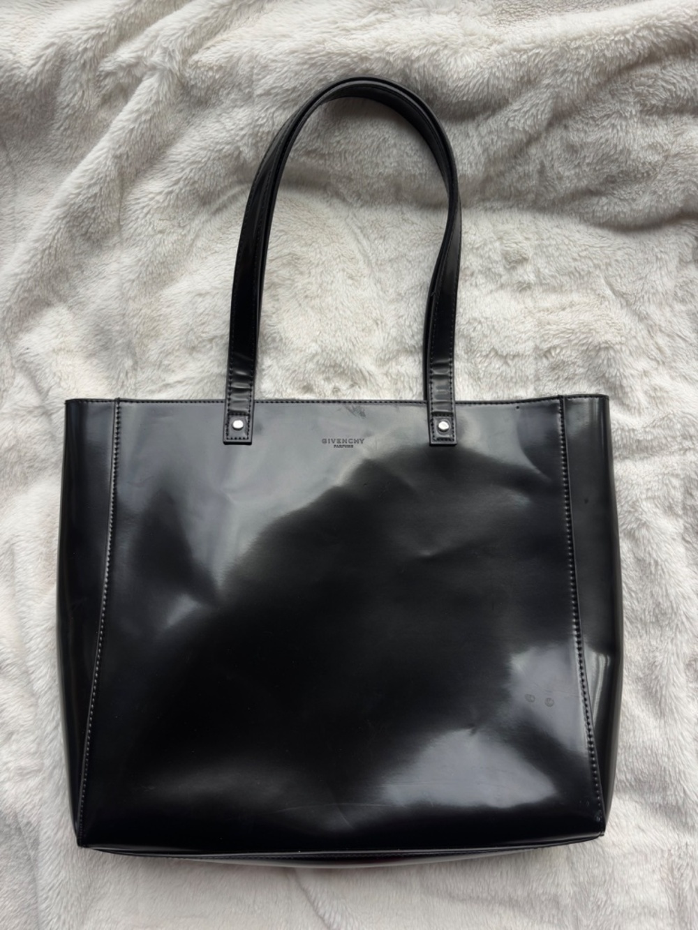 Givenchy Parfums Black Glossy Patent Leather Tote Bag Shoulder Purse